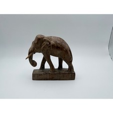 Vintage Hand Carved Wood Elephant Figurine Statue with Tusks Dark Brown Decor picture