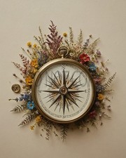 Vintage Brass Compass Wildflowers Botanical Wall Decor Art Print picture