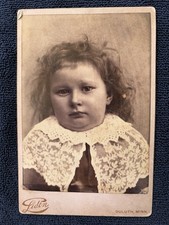 Adorable Child Cabinet Card Victorian Era Fashion Lace Collar Antique Photograph picture