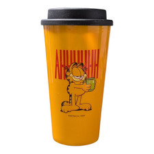 Orange Garfield Travel Cup With A Black Lid Featuring A Graphic Of Garfield picture