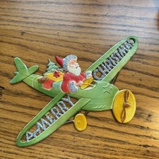 Santa Claus flying old airplane  Christmas Decoration heavy card stock embossed picture