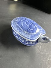 Vintage Blue White Porcelain Turtle Trinket Box Covered Dish Figurine #M23 picture