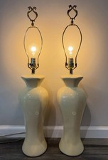 Pair, MCM Hollywood Regency Ceramic  Cream Urn Table Lamps Double Dragon Finials picture