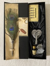 Calligraphy Peacock Ink Pen Set With Holder And Multiple Nips. Feather Is 8 1/2” picture