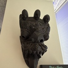 19th century Hand-Carved Dark Wood Tribal Style Wall Mask Hanging Decor picture