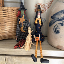 VTG Primitive Folk Art Halloween Witch Dolls Pair Fabric Shelf Sitters Handmade picture