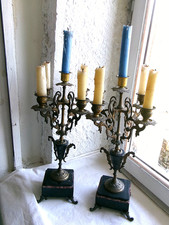 French pair of 18-19th century antique candle holder bronze marbel alabaster picture