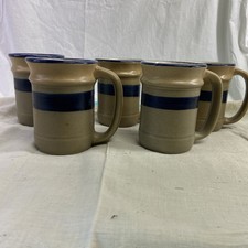 5 Vintage Sunnycraft Stoneware Collection Mugs 24400 Blue & Tan - Korea - 1970’s picture