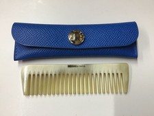 Hermès Buffalo Horn Comb Hairbrush W/ Leather Blue Case Gold Vintage Japan picture