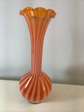 Vtg MCM Creamsicle Orange Stripped Ribbon Glass Vase Ruffled Top Hand Blown picture