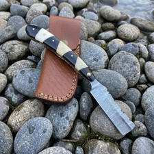 Damascus Steel Straight Razor Shard Hand Forged Grooming Tool w/Leather Sheath picture