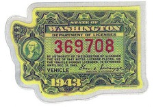 1943 WASHINGTON Registration WINDSHIELD ‘VEHICLE’ Sticker Decal tab/tag - New  picture
