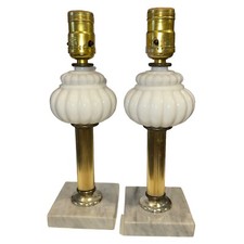 2 Marble Base Boudoir Lamps Milk Glass Dresser Table Lights Vintage 1960's MCM picture