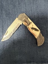 Vintage Eagle Design Bone Metal Handle Folding Pocketknife Clip Point picture