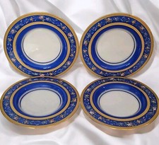 4 Antique Moser Bohemian Glass Dessert Plates Blue Gold Rim Pink Roses picture