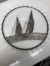 Vintage Heisey Lariat Sail boat overlay Cake Platter Great detail 14
