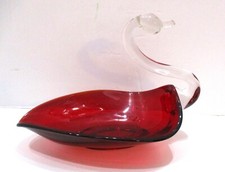 Duncan Miller Vintage Ruby Red & Clear Blown Glass Swan Candy Dish 6