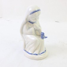 Blue & White Porcelain Figurine Girl Holding Blue Bird Vintage Collectible picture