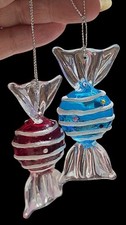 Vtg Blown Glass Candy Christmas Ornaments Lot Of 2 Red Blue Sugared Stripes 3¼