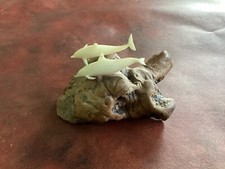 Vintage John Perry 2 White Dolphins Porpoises Sculpture On Burl Wood picture