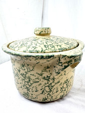 RRP Green Spongeware Bean Pot Robinson Ransbottom Lid 1.5 Qt Roseville OH FrShp picture