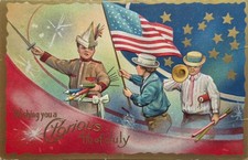 Antique 4th Fourth of July Nash Postcard  - Patriotic Boys Flag Bugle  - 1910... picture