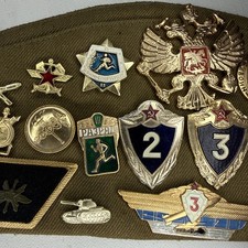 Vintage 1975 USSR Soviet Military Pilotka Hat Size 55 With Pins Badges Medals picture