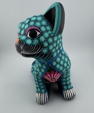 Hand Painted Mexican Folk Art Cat Statue Terracotta Style 9” Turquoise Floral picture