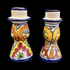 Vintage Talavera Mexican Pottery Hand Painted Candlestick Holders, Set of 2 picture