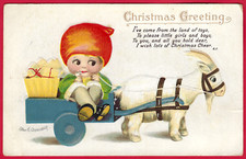 Vtg Clapsaddle Christmas Santa Googly Eyes Goat Cart Green Coat A/S Emb PC c1915 picture