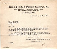 Schultz Novelty & Sporting Goods Co Inc 1931 NY Antique Letterhead Billhead TC22 picture