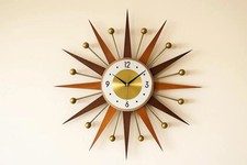 Handmade Large Starburst Wall Clock Mid Century Modern Retro Wood Metal Decor picture