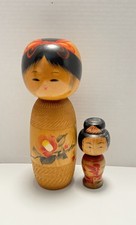 Japanese Kokeshi Wood Doll Lot of 2 Vintage Dolls with Floral Motiff picture