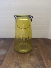 Vintage Yellow Glass jar Vase Genuine & Crafted Original Bail Metal Handle 8.5