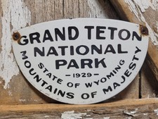 VINTAGE GRAND TETON PORCELAIN SIGN RARE OLD WYOMING NATIONAL PARK 1929 SMOKEY picture