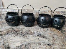 Lot Of 4 Vintage Hosley  Metal Jack-O-Lantern Candle Holders Casts Shadows USA picture