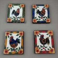 Vintage 2001 Julie Ueland Enesco Rooster Ceramic Trivets Wall Plaques Set of 4 picture