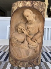 Hand Carved Wood Nativity Scene Log Sculpture Mary Joseph Baby Jesus 11in picture
