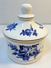 Newhall Staffordshire Bone China England Lidded Trinket Dish Roses Blue & White picture