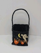 Vtg FTD Halloween Basket Black Wicker Jack O'Lanterns Pumpkins Ghost Black Cat picture
