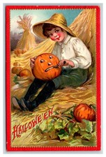 Halloween Boy Carves Jack O Lantern JOL pumpkin Brundage Tuck 174 picture
