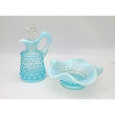 Vintage Fenton Blue Opalescent Hobnail Glass Cruet & Mini Handled Bon Bon Dish picture