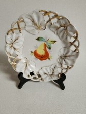 Ceramic Reticulated Pear Plate White Glazed Gold Trimmed 8