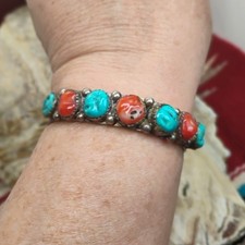 Vtg Navajo Old Pawn Sterling Silver Rough Stone Turquoise & Coral Cuff Bracelet picture