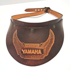Vintage Tooled Brown Leather Motorcycle Visor YAMAHA Logo With Wings 1970's RARE picture