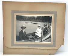 Antique Photo Men Woman Rowboat American Flag Lake Boating Americana 1910s 1920s picture