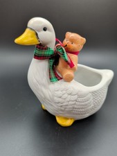 Vintage Ceramic Duck Planter with Teddy Bear & Plaid Scarf | Cottagecore Holiday picture