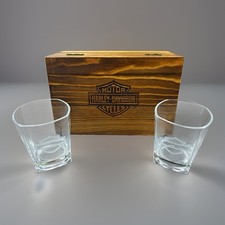 Harley Davidson Whiskey Glass Set 2 Etched Bar Shield Wooden Gift Box Minot ND picture