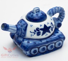Porcelain Gzhel teapot Russian tank server handmade in Russia World of Tanks picture