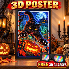 3D Halloween Black Cat Poster, Haunted Graveyard Art Print, 3D Glasses Included picture